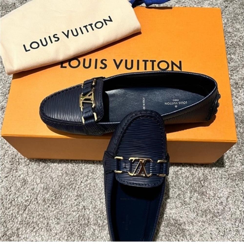 Louis Vuitton Navy Blue Loafers with Gold Accent